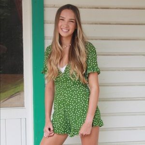 Cute green and white polka-dot romper